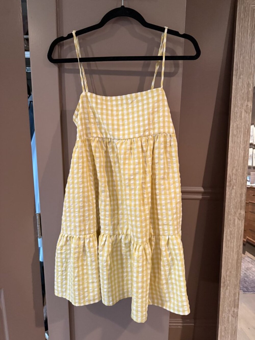 Wenrine Yellow Gingham Tiered Babydoll Mini Sundress M